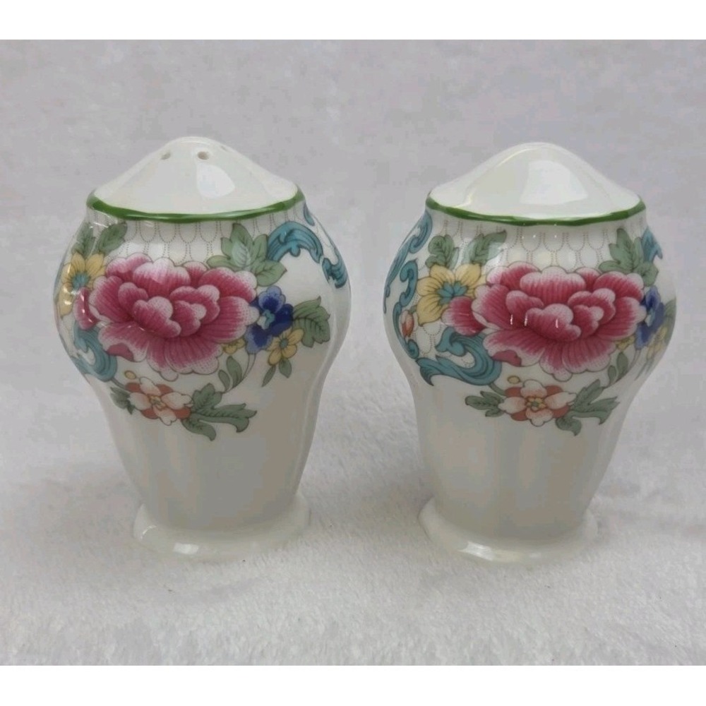 Royal Doulton Floradora Green Salt and Pepper Shakers 1988 Floral Scalloped